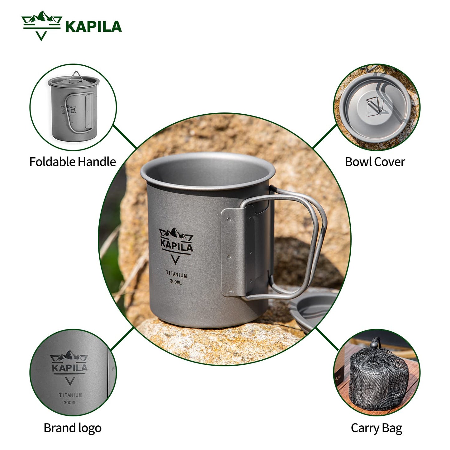 KAPILA 300ml -750ml Titanium Cup/Pot Lightweight Backpacking Camping Mug Foldable Handle Titanium Pot with Lid Camping Hiking Picnic Open Fire Cooking (300ML)