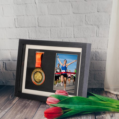 Hacaroa Medal Display Shadow Box, Single Medal and Photo Display Frame Case, Wood Marathon Medal Storage Box for Runners, All Sports Winners, Military Awards, Black