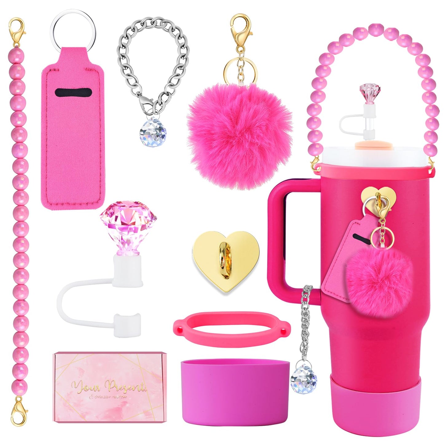 Accessories Set for Stanley Cup All Water Bottle Holder Strap Straw Cover Cap for Stanley Cup Charms Boot Diamond Hot Pink Tumbler 30oz 40oz Accessories Cute Silicone Straw Topper Charms Boot