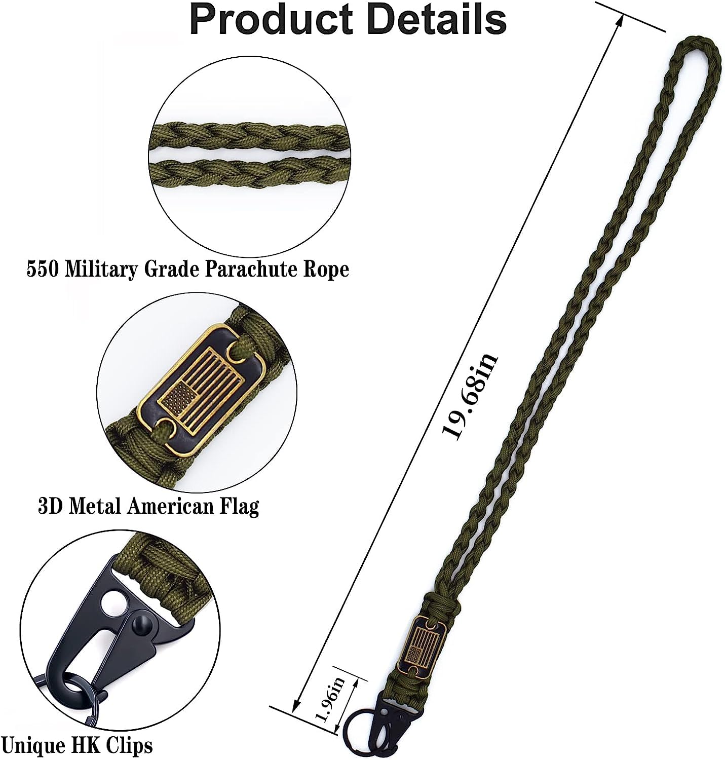 2Pcs Heavy Duty Braided Paracord Lanyard Keychain for Men Women with USA Flag, Parachute Rope Necklace Keychains, Braided Strong Lanyard for Traveling ID Badges Camera Whistle (Army Green)