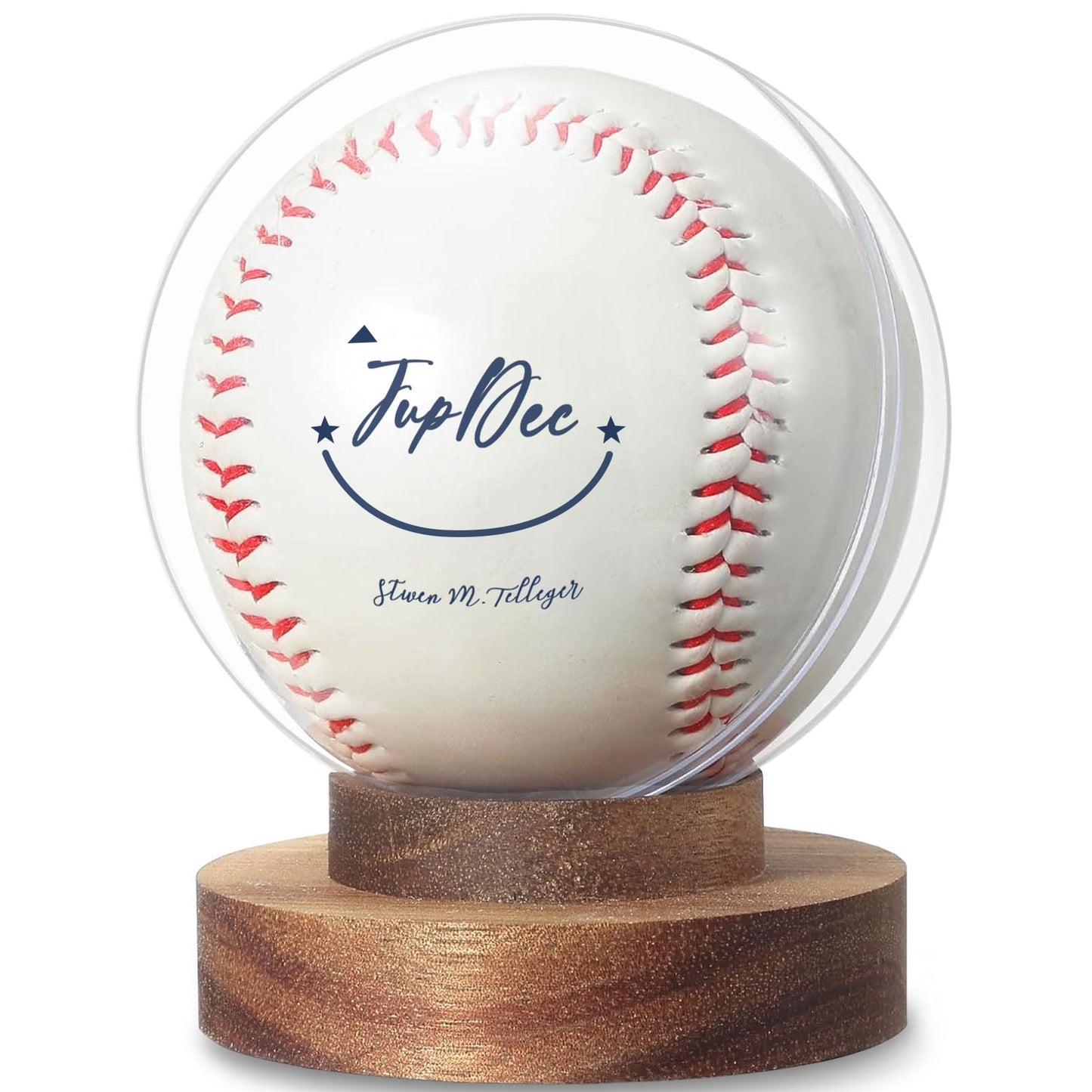 JupDec Baseball Display Case, Round Clear Ball Holder with Wooden Base, Autograph Baseball Stand Box for Single Ball, Acacia Wood, Brown