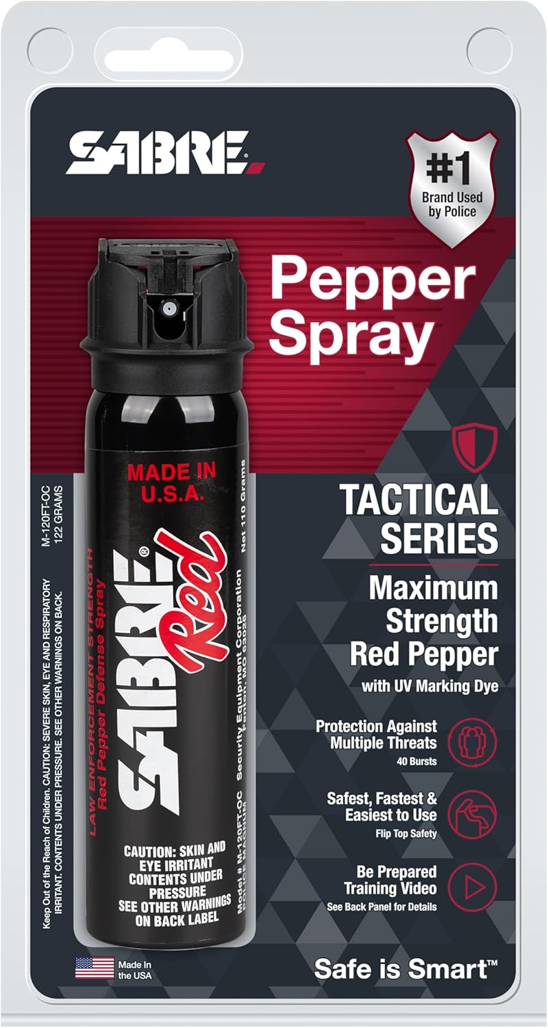 SABRE Magnum 120 Pepper Spray, 40 Bursts, 12-Foot (4-Meter) Range, Extra Large 92.4 Gram Canister, UV Marking Dye, Flip Top Safety, Black