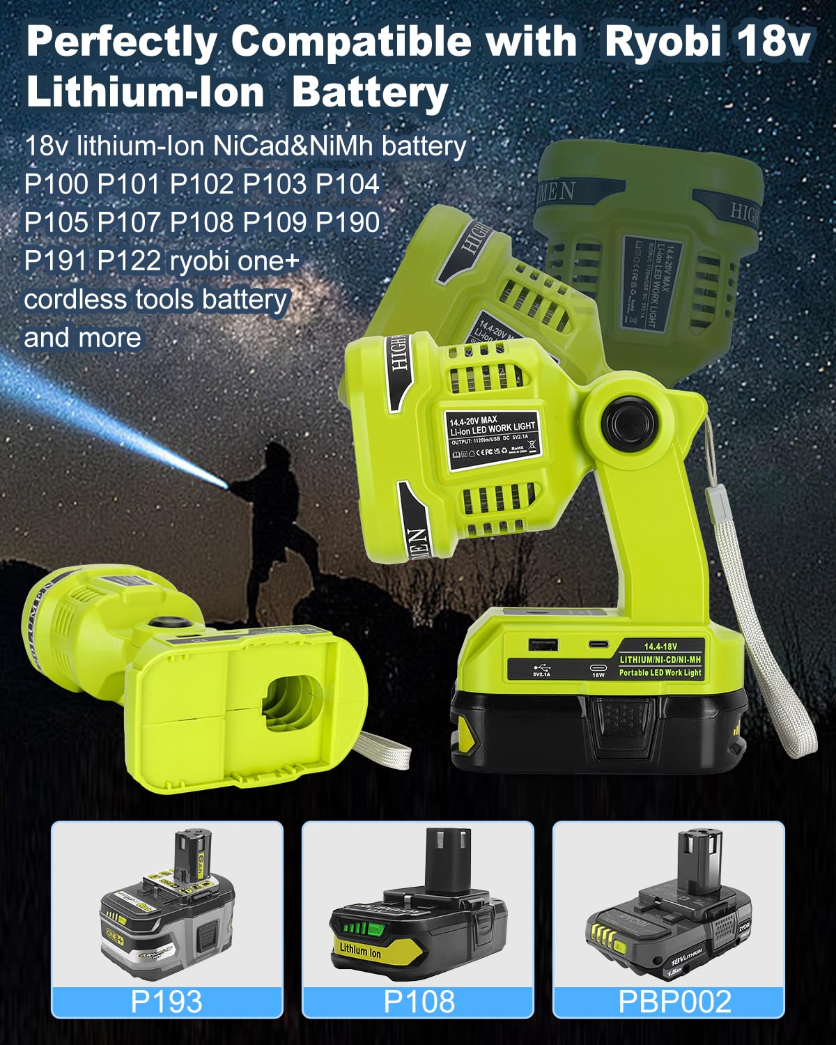 Adisipsoarin Cordless LED Flashlight for Ryobi 18V Battery, 22W LED Work Light with USB-A&USB-C 2.1A Fast Charging Ports for Jobsite, Car Repairing, Camping, Emergency(Battery not Included)