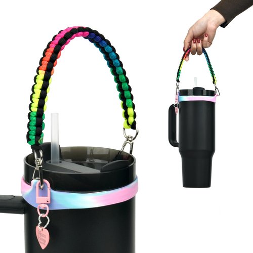 Wongeto Water Bottle Handle,Paracord Water Bottle Strap,Bottle Holder with Strap,Fits Most 8-40oz Bottles Compatible Stanley Cup Accessories(Rainbow + Love Pendant