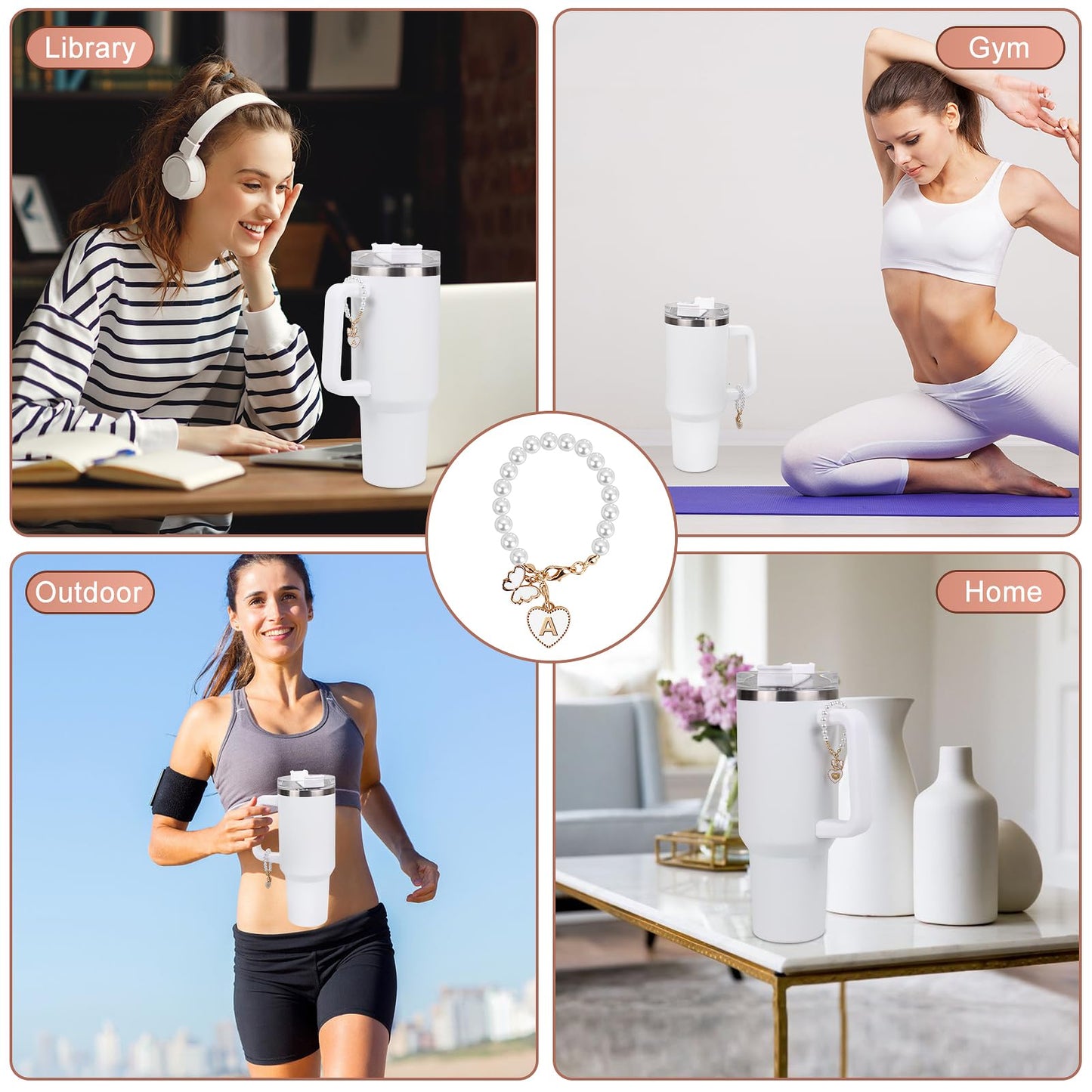 3PCs Letter Charm Accessories for Stanley Cup, ID Initial Personalized Handle for Stanley/Simple Modern Tumbler 30 40oz, Pearl Chain Butterfly Decor With 3 Charms Replacement (A)