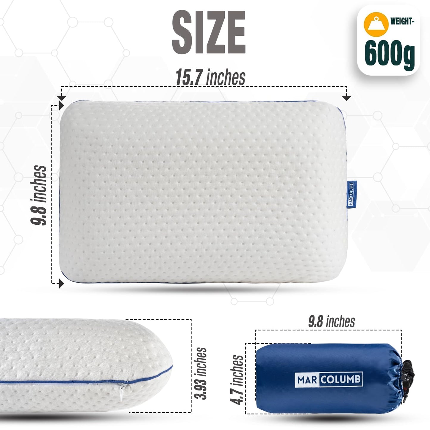 Marcolumb Travel & Camping Comfortable Memory Foam Pillow – Easy to Carry Portable Bag – Temperature Regulating Pillow Case - Perfect for Travelling (White)