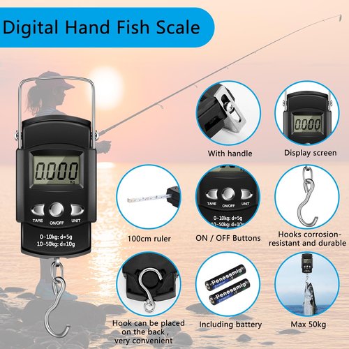Hungdao 7 Pcs Fishing Gear and Equipment Fishing Tools Kit for Boys Father Men Christmas Fish Accessories Include Net, Hook Remover Tool, Digital Scale, Pliers, Lanyard Summer Gifts(51.2 Inches,Black)