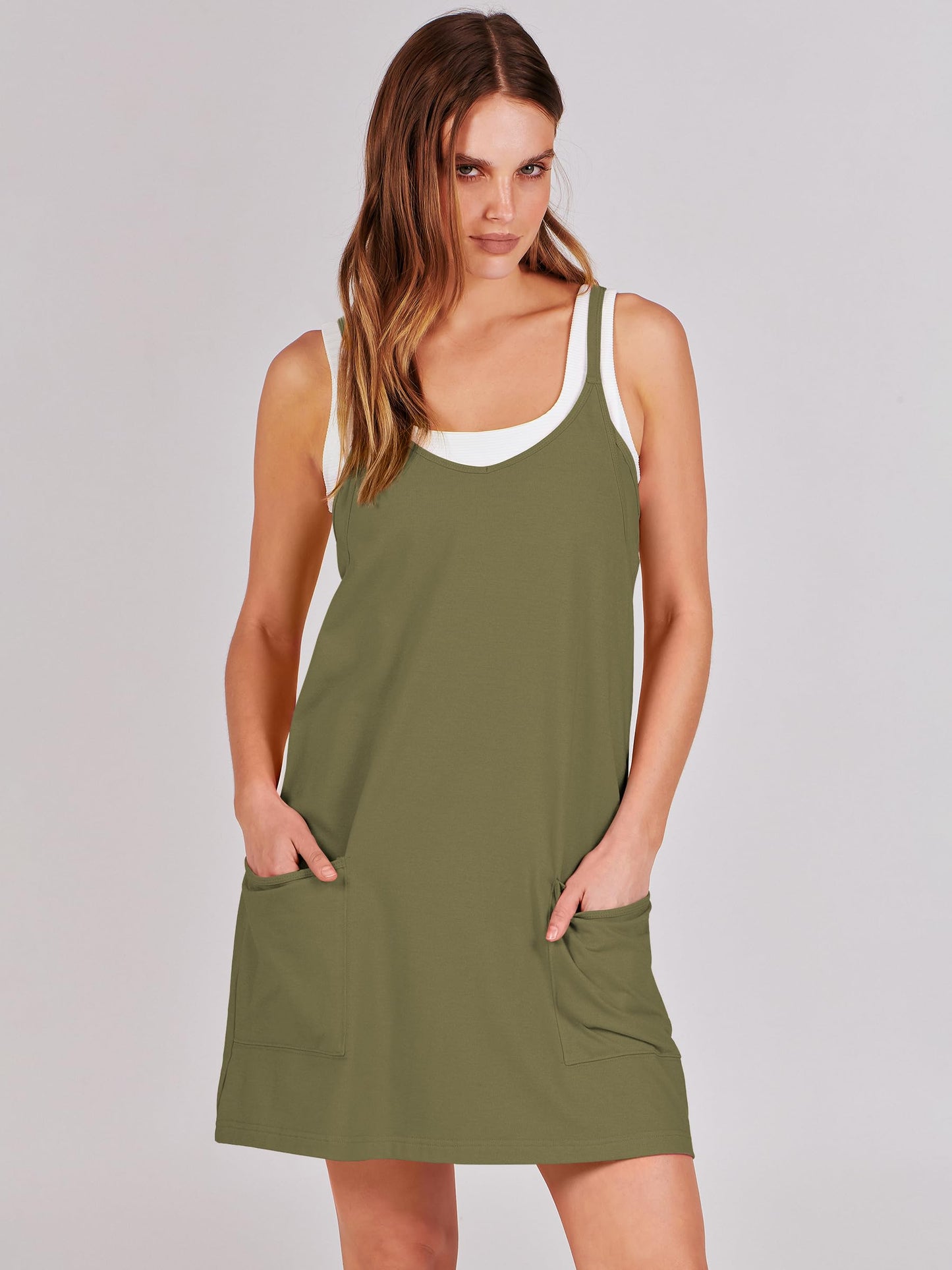 ANRABESS Women Athletic Dress Summer Tennis Workout Active Sports Mini Romper Dress Built in Shorts Travel Vacation Clothes Army Green Large