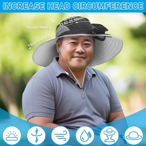 Berlune Solar Sun Hat Oversized Fishing Hat with Fan Bucket Hat Removable UV Protection UPF 50+ Sun Protection Wide Brim(Dark Grey)
