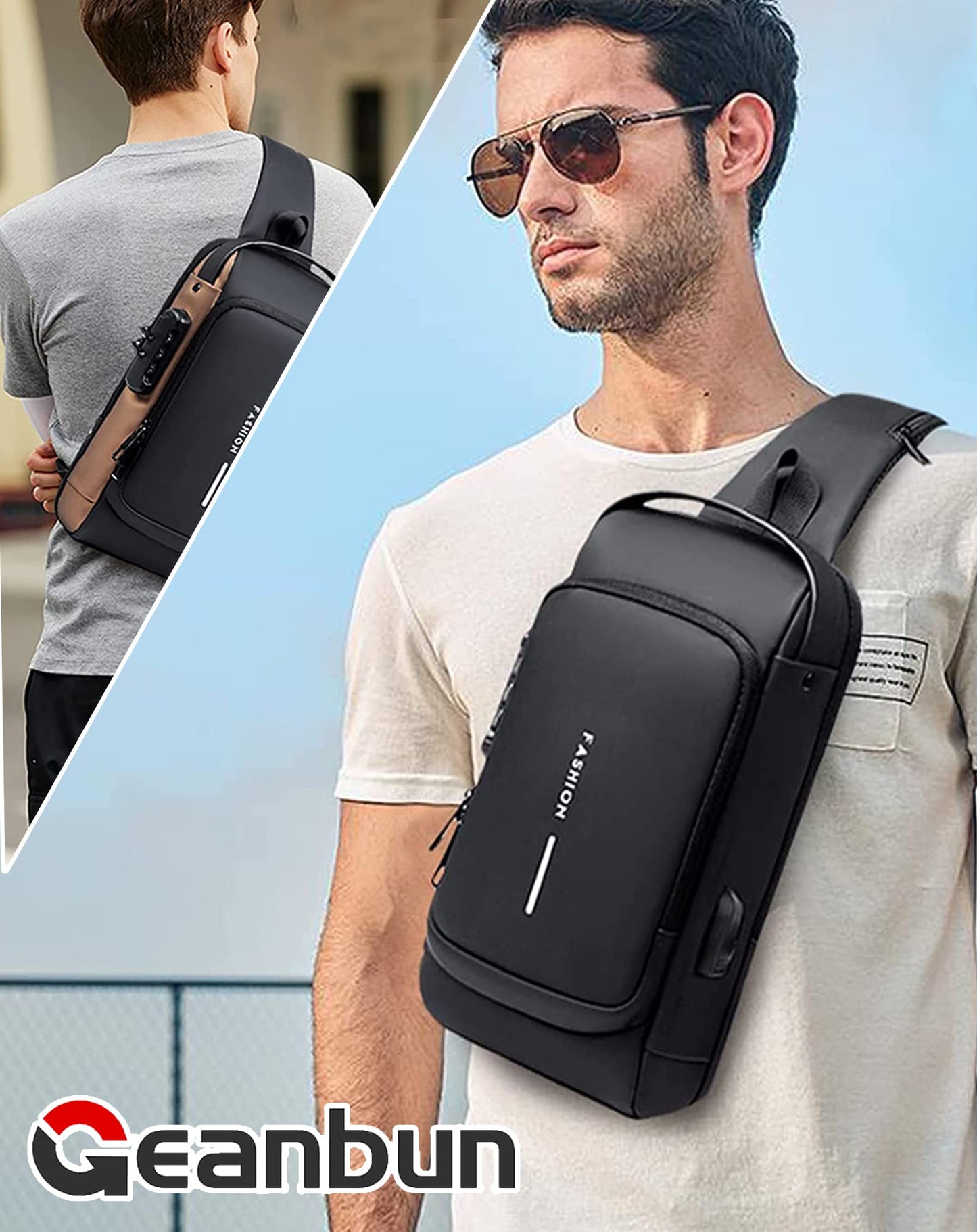 Geanbun Sling Bag for Men Anti-Theft USB Crossbody Backpack Waterproof Chest Daypack Lightweight Shoulder Bag (Black)