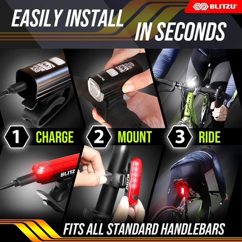 BLITZU Gator 450 Bike Lights Set – USB-C Rechargeable Headlight & Taillight with Reflectors for Night Riding