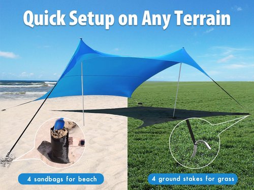 BESTSET 10×10ft UPF50+ Beach Tent Sun Shelter, Windproof Stable Outdoor Pop Up Beach Shade Canopy for Camping, Fishing, Backyard Fun or Picnics, 2 Poles