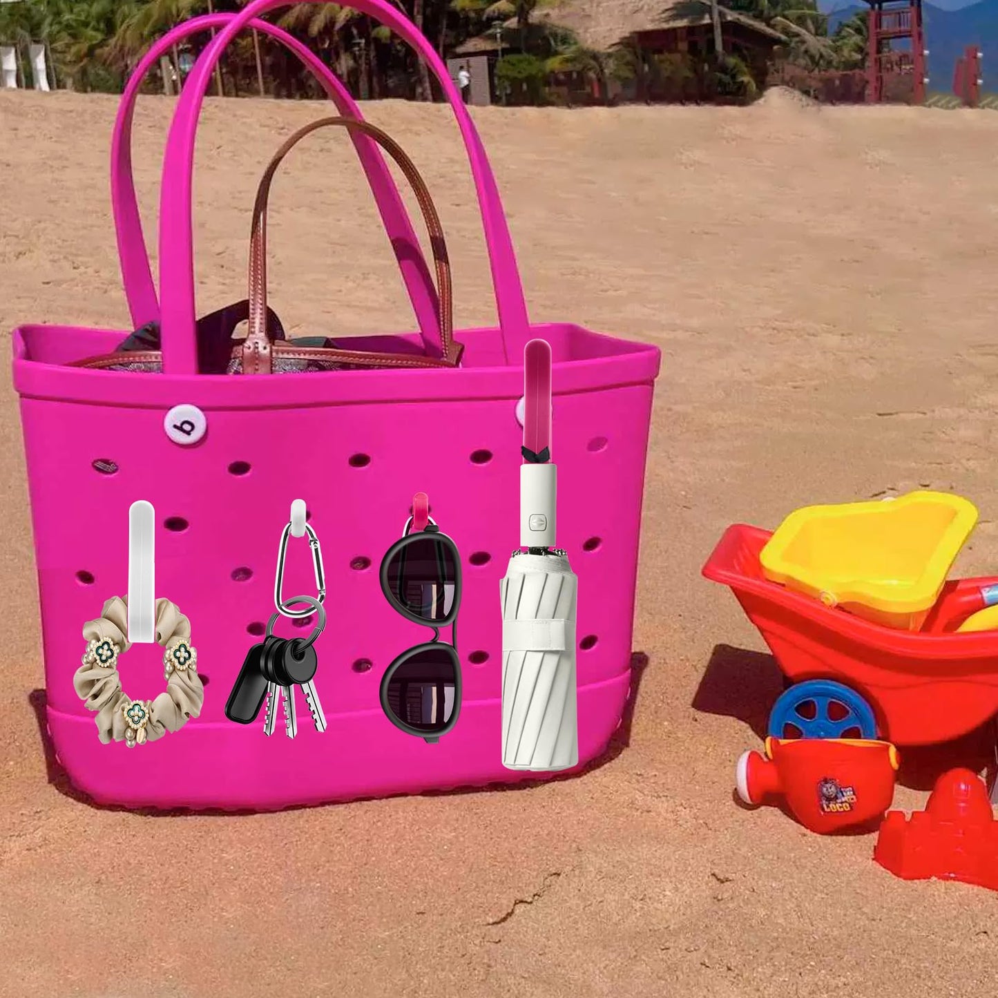 Generic Hooks Set Accessories Compatible for Bogg Bag, Bogg Bag Accessories, Bag Hanging Hooks for Charms Key Pouch Earphone Tassel Cup, Compatible for Small & Large Beach Bags, 4 Pcs, White rose