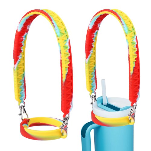 Palksky Water Bottle Strap, Silicone Strap for Water Bottle Sling Handle Waterproof Quick Drying with Safety Ring Carabiner for Most 8-40oz Bottles Compatible with Stanley Cup Accessories Multicolour