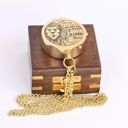 The New Antique Store - Brass Compass Engraved with Religious Scripture Verse (Joshua 1:9) - Perfect for Baptism, Confirmation, Communion - Ideal for Godson, Church, Graduation - Presented in Wood Box