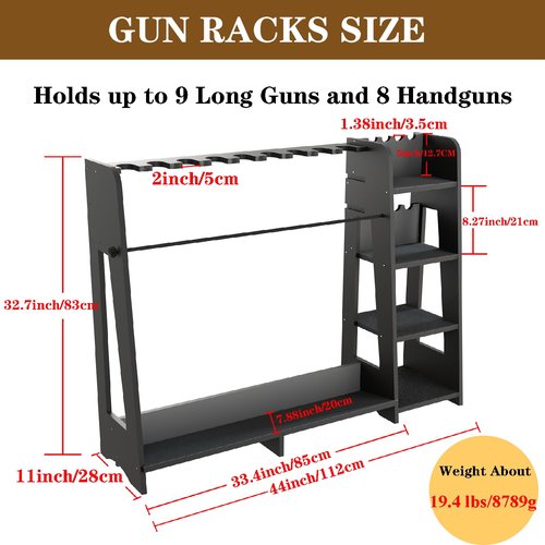 Prometis Gun Storage Racks - Freestanding Floor Wooden Rifle Rack with Pistol Shelves, 9+8 Slots Adjustable Height Storage Solutions and Gun Room Display Stand, Holds up to 9 Long Guns and 8 Handguns