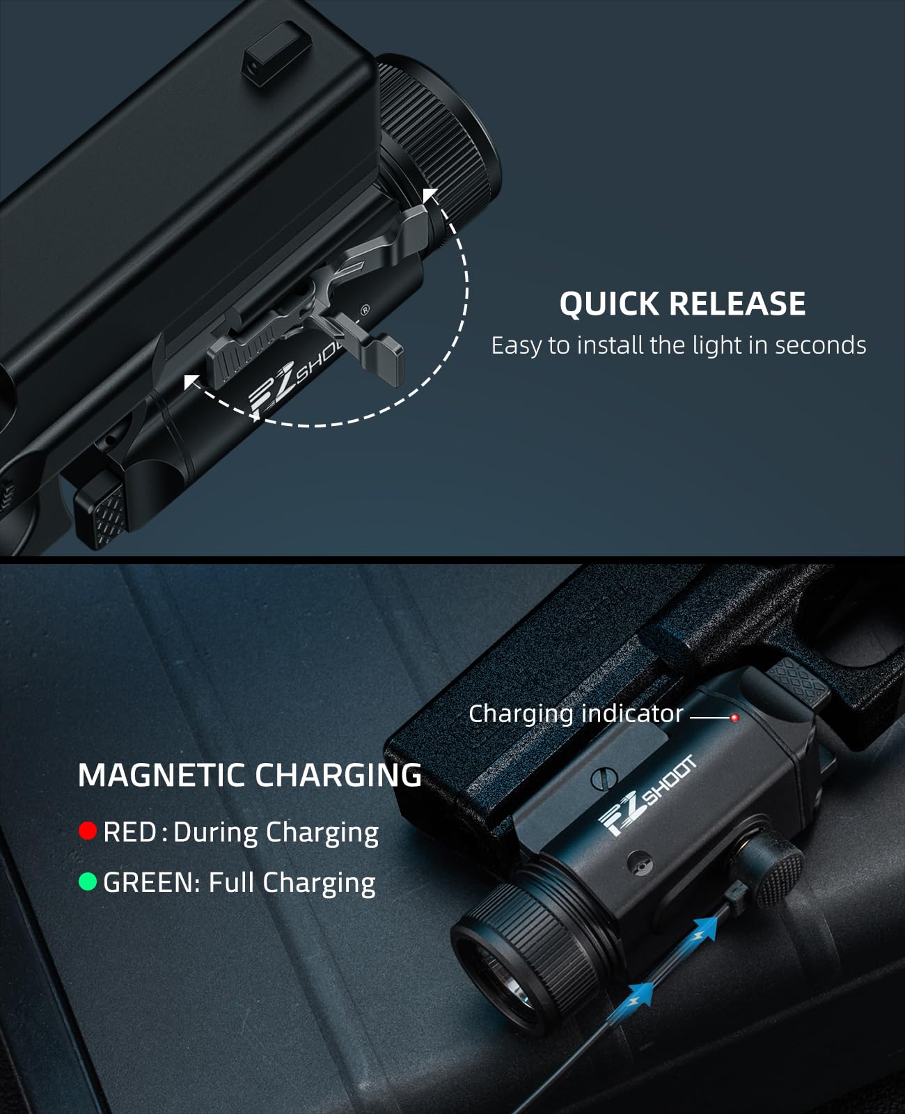 EZshoot 2400 Lumens Laser Light Combo with Strobe Mode, High Lumen Tactical Light for Pistol, Magnetic Rechargeable Green Laser Light with Quick Install Adjustable Slide Rail for Picatinny GL Rail