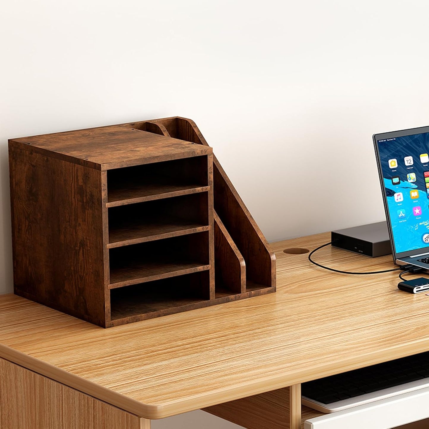 Wood Desk Organizer File Holder, Wooden Mail Organizer Countertop with Adjustable Compartments, Desktop File Organizer Paper Sorter for Home, Office and School, Envelope Organizer, Black