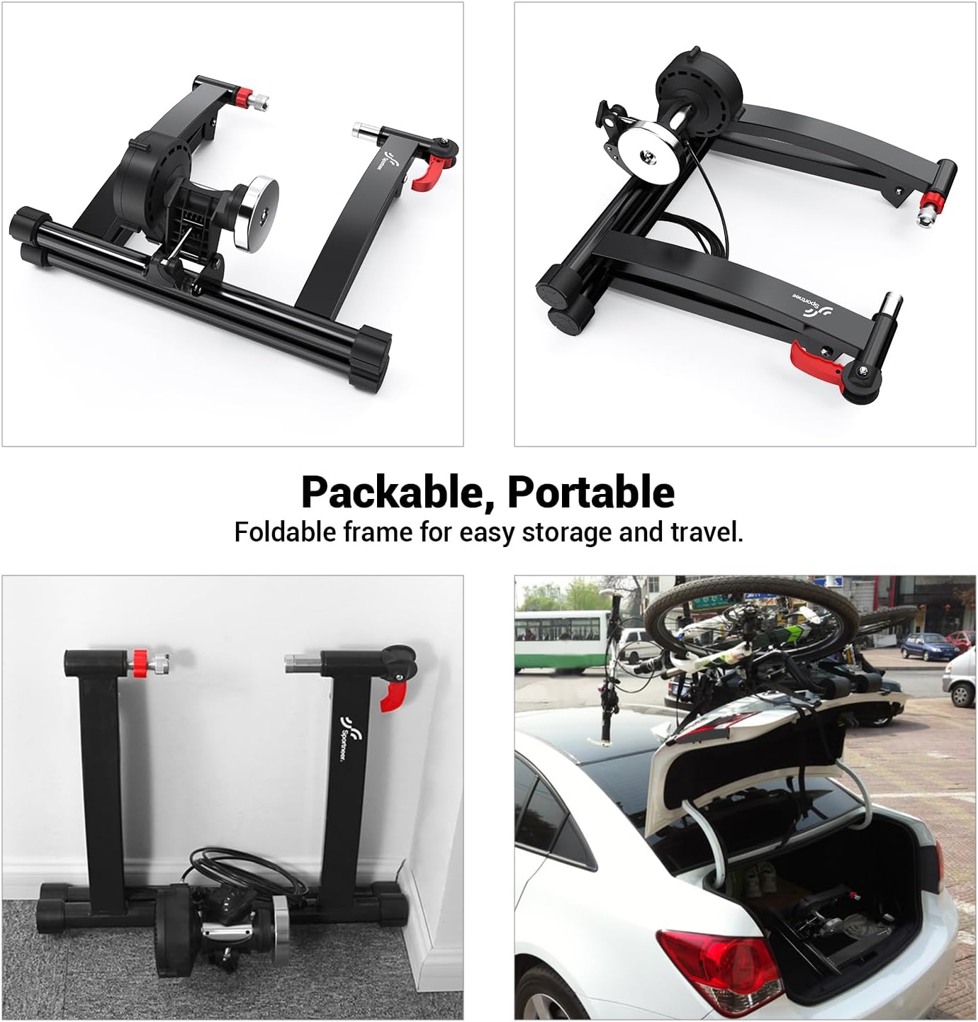 Sportneer Bike Trainer - Magnetic Stationary Bike Stand for 26-28" & 700C Wheels - Adjustable 6 Level Resistance Bike Trainer Stand for Indoor Riding with Quick Release Lever & Front Wheel Riser Block