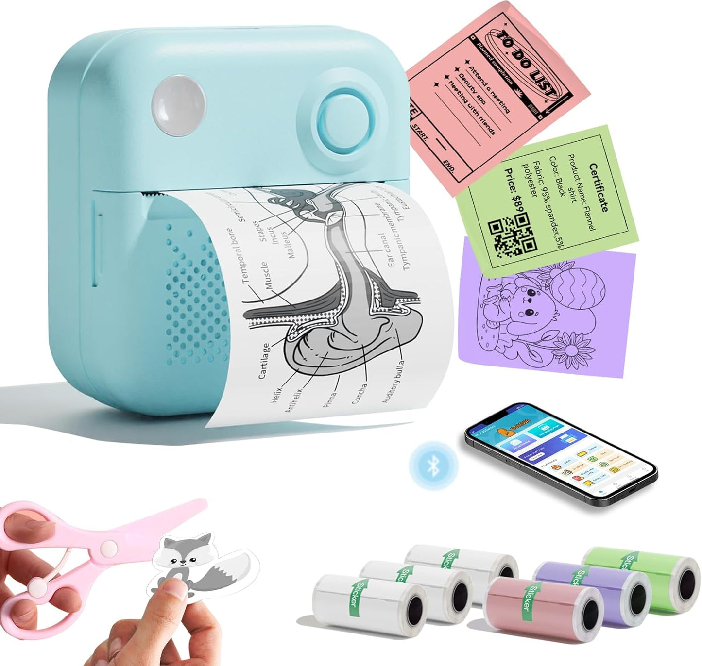 Sticker Printer Print Pods, Little Printer with 7 Rolls Thermal Printing Paper, Inkless Sticker Maker Bluetooth for DIY,Crafts,Journal,Study,Work,Compatible Phone&Tablet (Pink)
