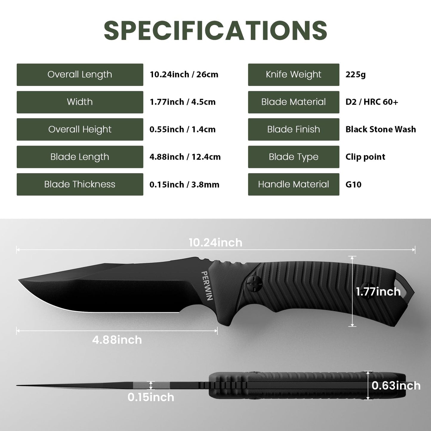 PERWIN Bushcraft Survival Knife - Outdoor Camping Hunting Fixed Blade With D2 Steel and G10 Handle for EDC, Sheath Included - Collection Gift for Him