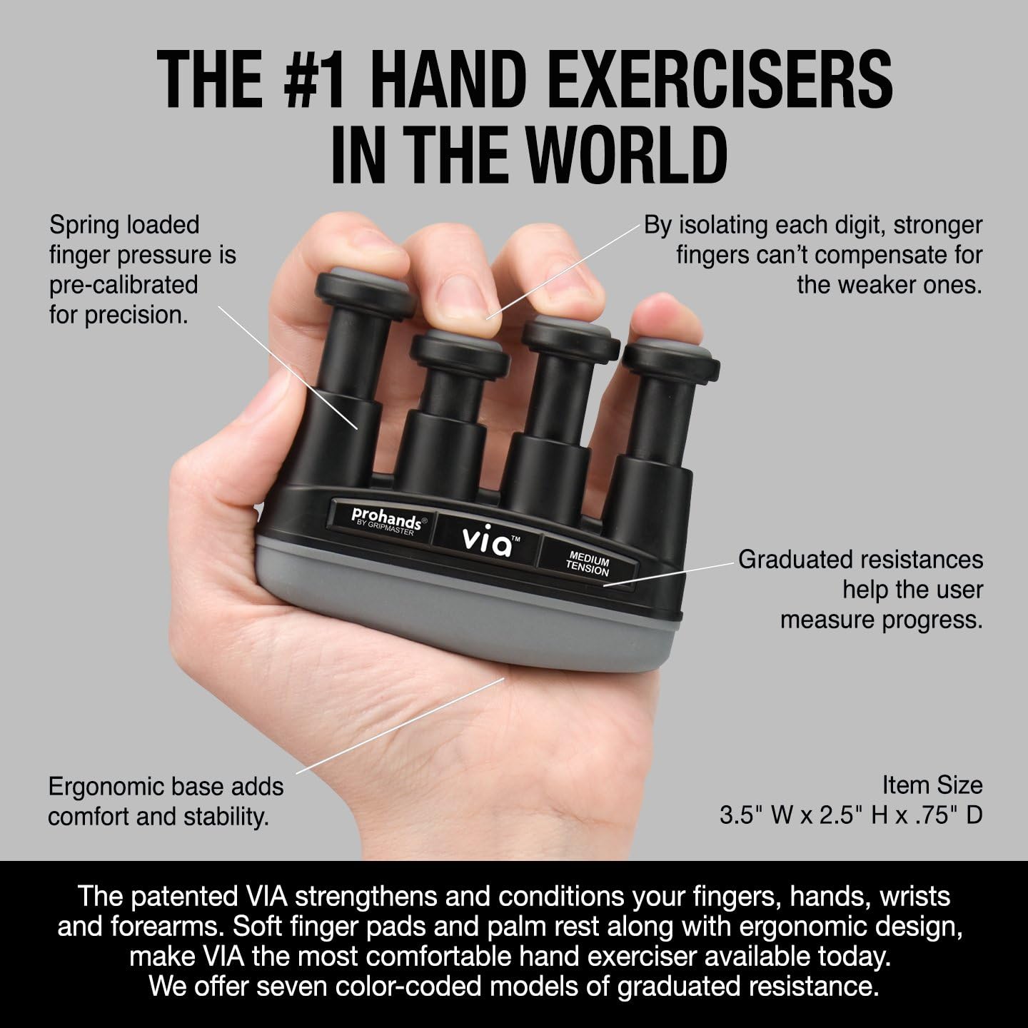 VIA Hand Exerciser, Finger Exerciser (Hand Grip Strengthener), Spring-Loaded, Finger-Piston System, Isolate and Exercise Each Finger