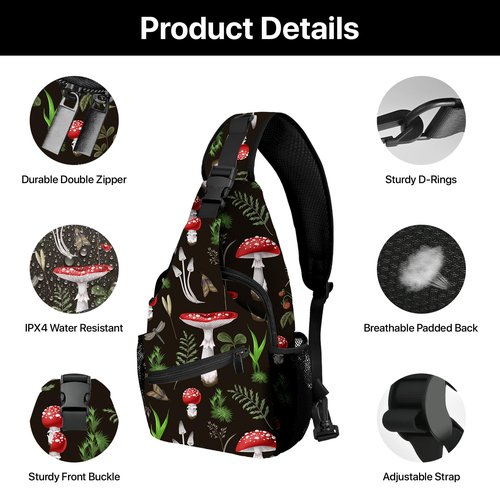 Yrebyou Mushroom Sling Bag for Women Men Chest Backpack Travel Crossbody Daypack for Hiking Cycling Running