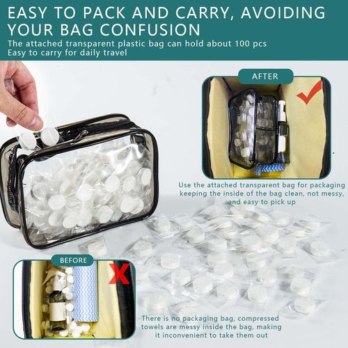 OBTANIM 100 PCS Compressed Towels Disposable Portable Mini Coin Tissue Hand Wipe Camping Face Towel Tablets with Waterproof Clear Plastic Storage Bag for Travel Camping Hiking Home Beauty