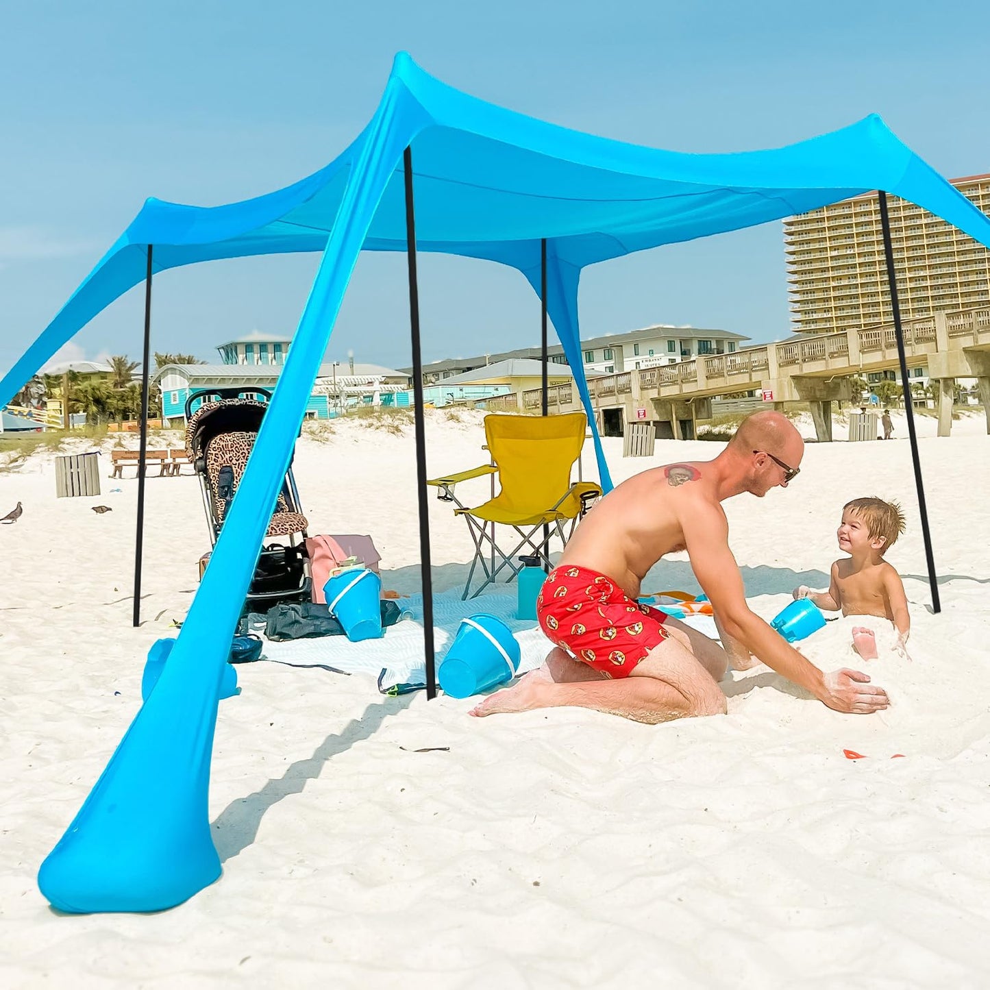 AMMSUN Beach Tent Portable Beach Canopy,11ft X 11ft Sun Shelter Easy Setup, 11'x11' Lycra Sun Shade with UPF50+ Protection 4 Sand Bags & 4 Poles for Family at The Camping, Beach & Outdoor