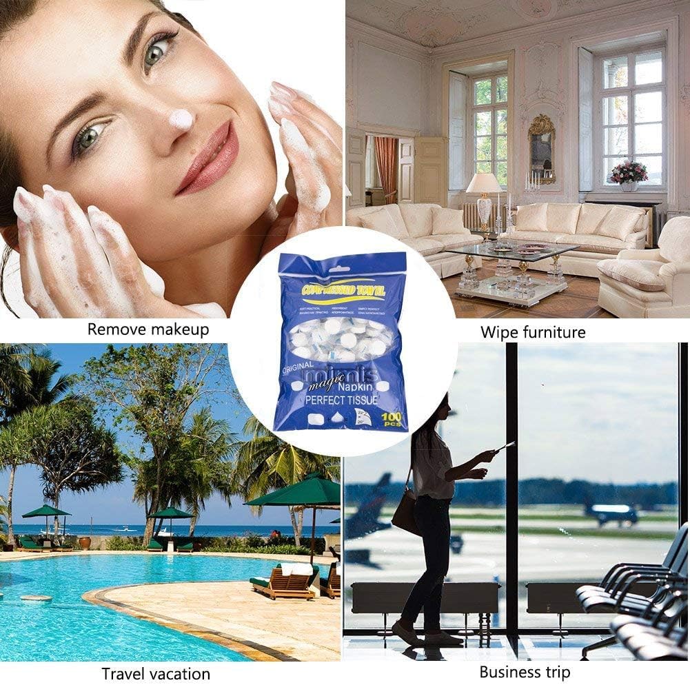 365 LOTS 100 PCS Compressed Towel, Mini Tablets Disposable Portable Face Towel Cotton Coin Tissue for Travel, Camping, Hiking, Sport, Beauty Salon, Home Hand Wipes and Other Outdoor Activities