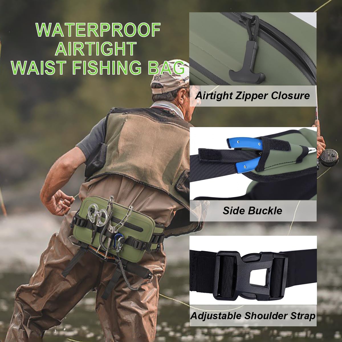 FANGBLUE 2.1L Waterproof Waist Bag - TPU Military Green Packet with Airtight Zipper Closure, Lightweight Sling Bag for River Fly Fishing
