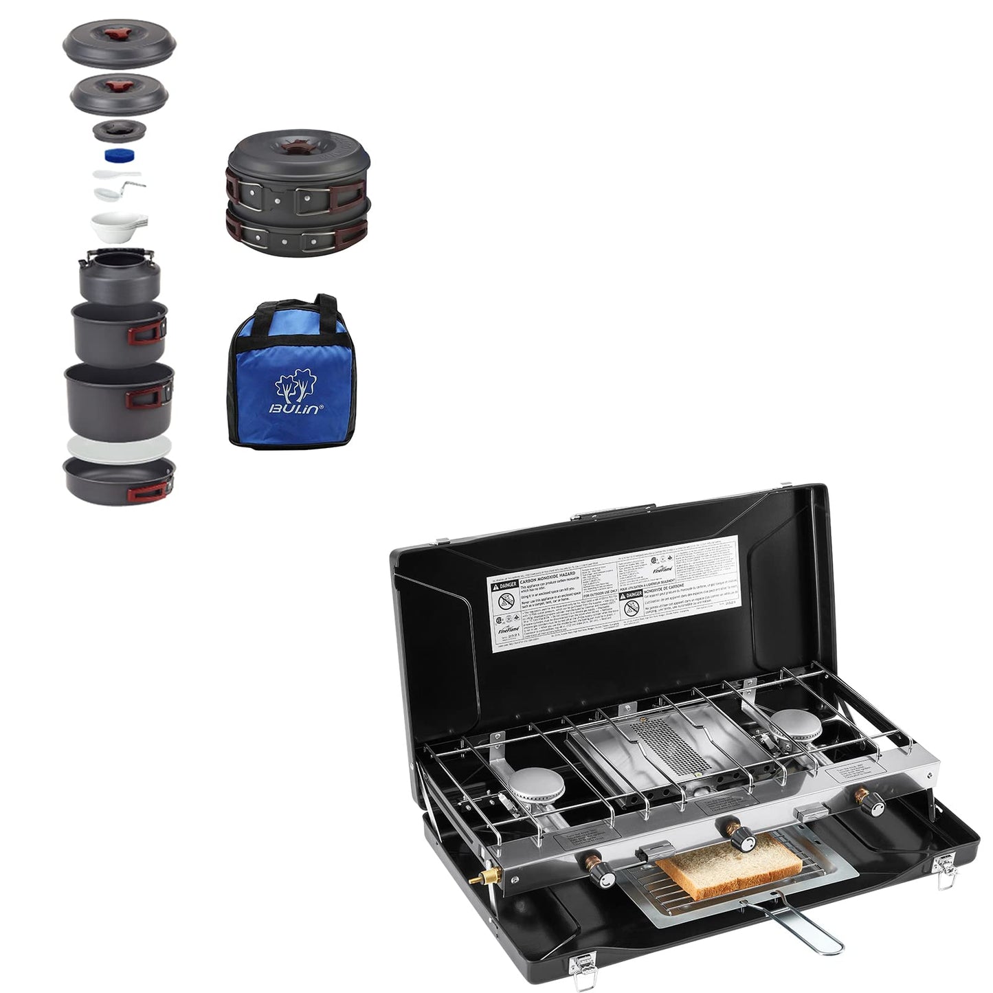 FineFlame Camping Stove 3 Burner 20400 BTU With Bulin 13 PCS Camp Cookware Set