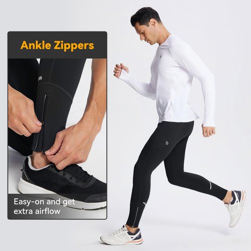 baleaf Mens Running Tights Winter Thermal Cycling Pants Water Resistant Cold Weather Gear Pockets Zipper Legsr Black XL