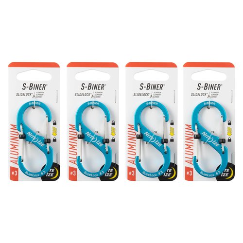 Nite Ize S-Biner SlideLock Aluminum - Durable Dual Carabiner - Locking Aluminum S-Biner - Secure Keys & Gear with Lockable Carabiner - Size 3, Blue (4 Pack)