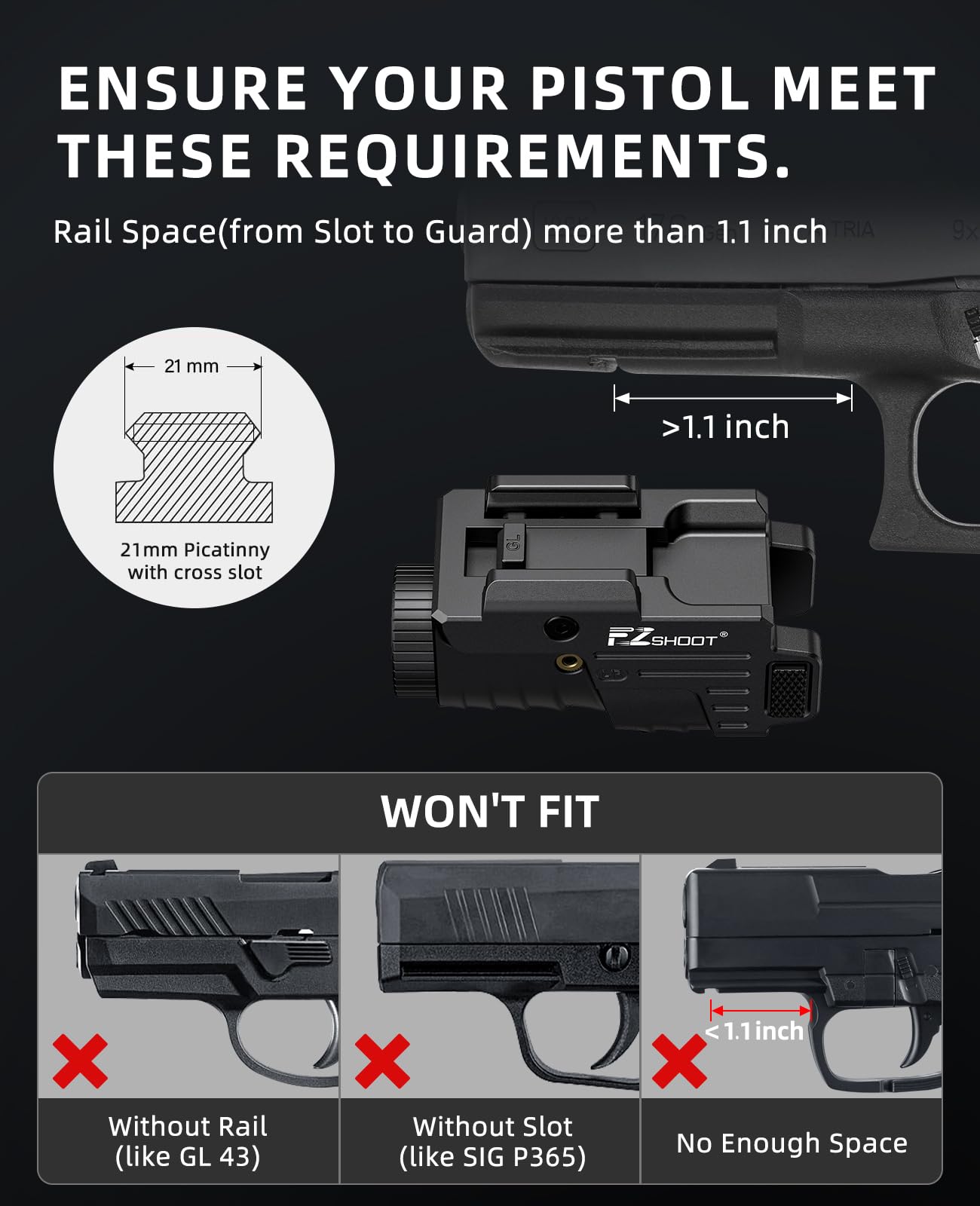 EZshoot 800 Lumens Pistol Light Laser Combo Rechargeable, Pistol Flashlight with Slidable Rail Compatible with Glock and Picatinny Rail, Tactical Flashlight with Green Laser Beam