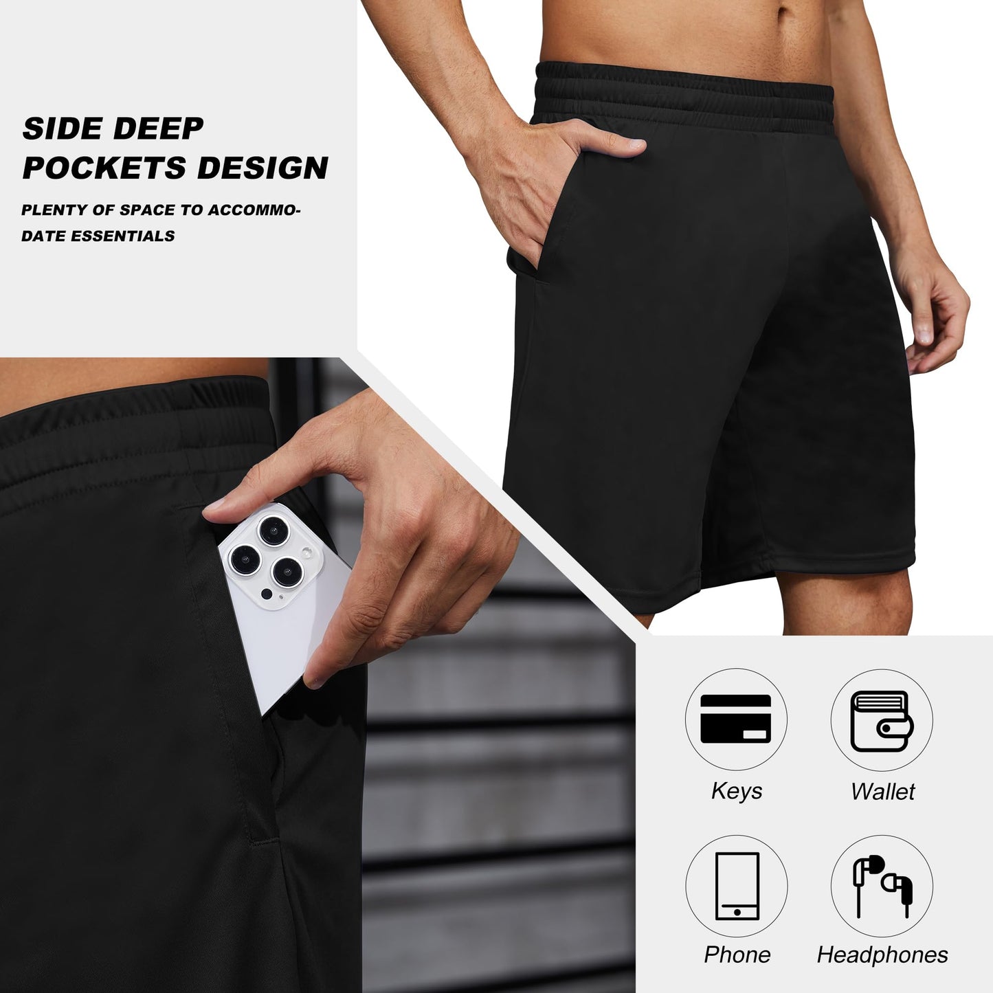 BVNSOZ Men's Athletic Shorts with Pockets and Elastic Waistband Quick Dry Workout Shorts for Men, Black x 5, M