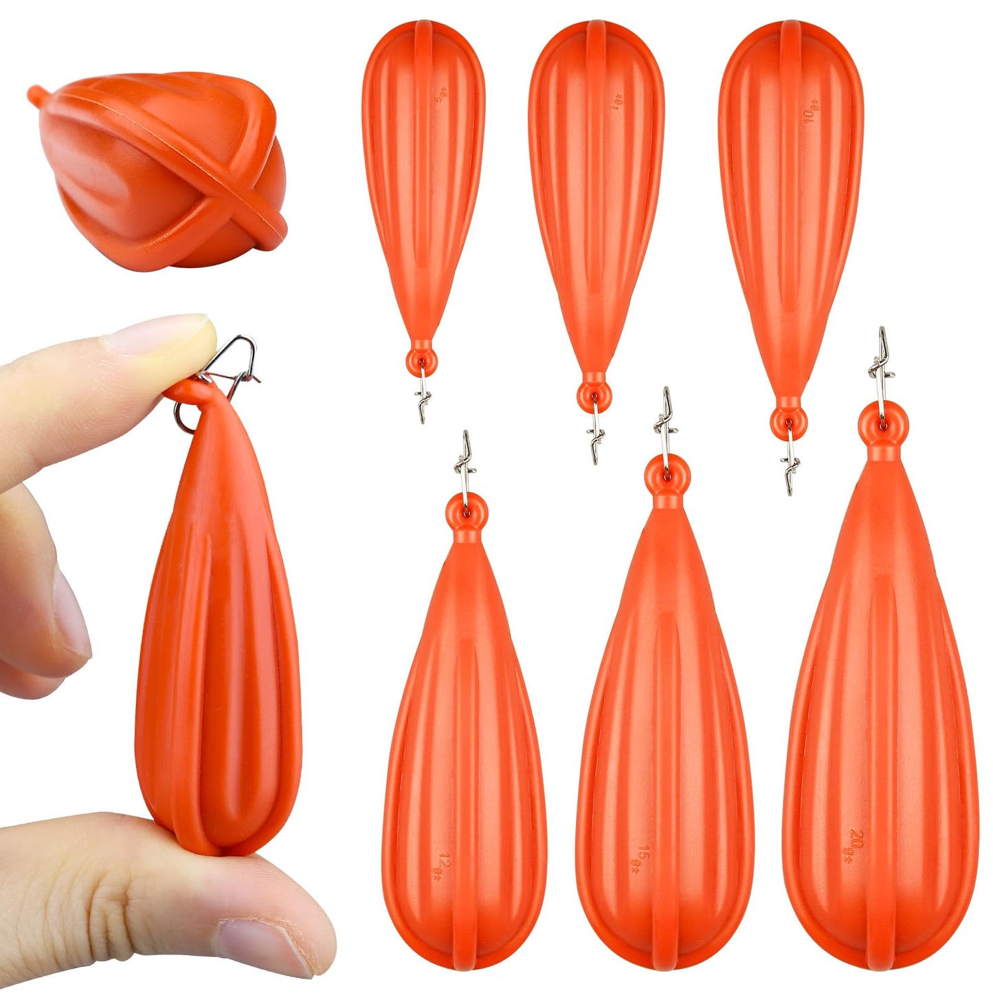 Abvsdu 6 PCS Fishing Practice Plugs - 6 Mixed Sizes Orange Bait Casting Practice Plug, Suitable for Children to Improve Throwing Skills (1/5 oz, 1/4 oz, 3/8 oz, 2/5 oz, 1/3 oz, 3/4 oz)