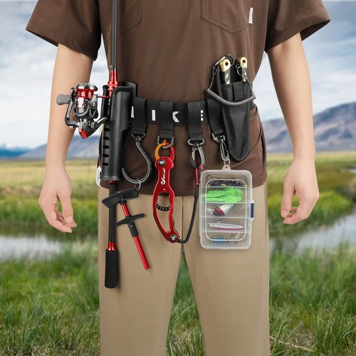 SAN LIKE Adjustable Fishing Rod Holster Waist Wading Belt for Men - Nylon Wader With Portable Pole Inserter for Fly Surf Kayak Casting Spinning Gear (Black)