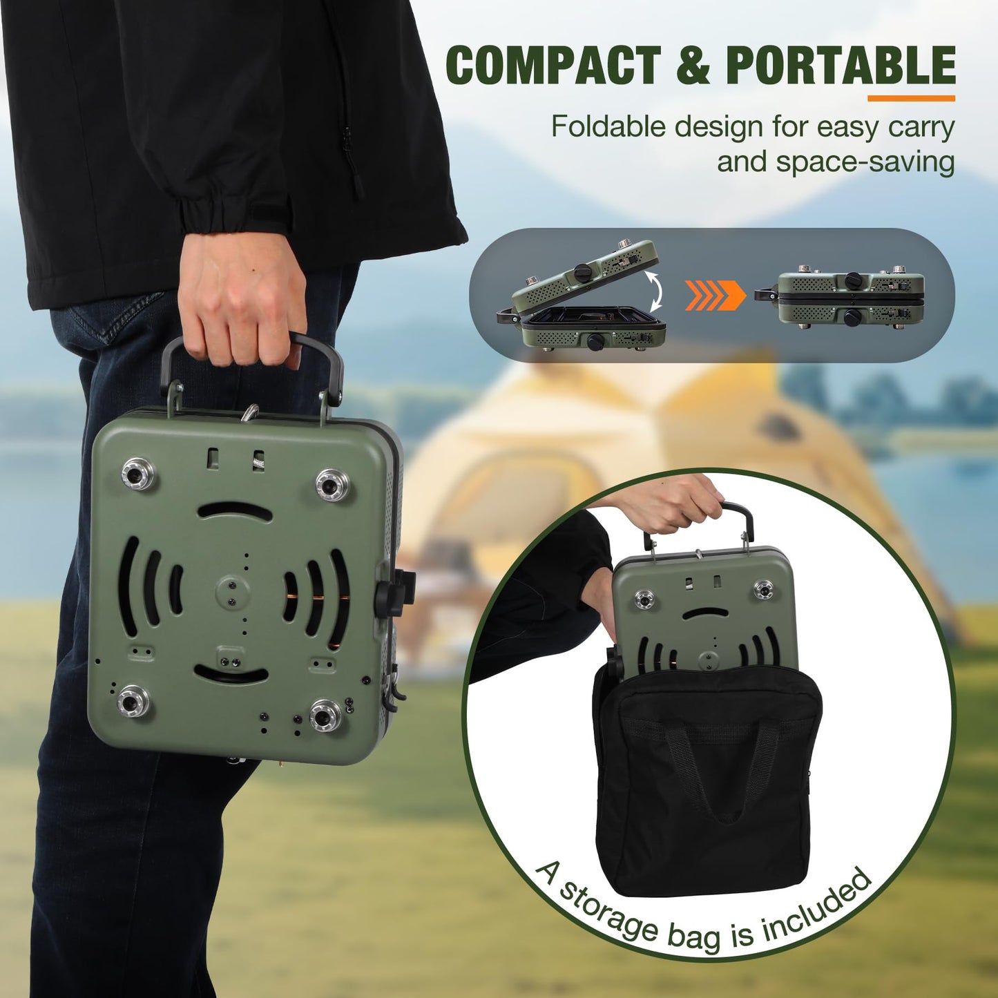 ALBOMI 2 Burner Propane Camping Stove,Portable Folding Gas Stove for Camping with 17200 BTU,Two Adjustable Burners with Easy Carrying Handle&Inlet Gas Pipe,Outdoor Camp Stove for Camping Backpacking