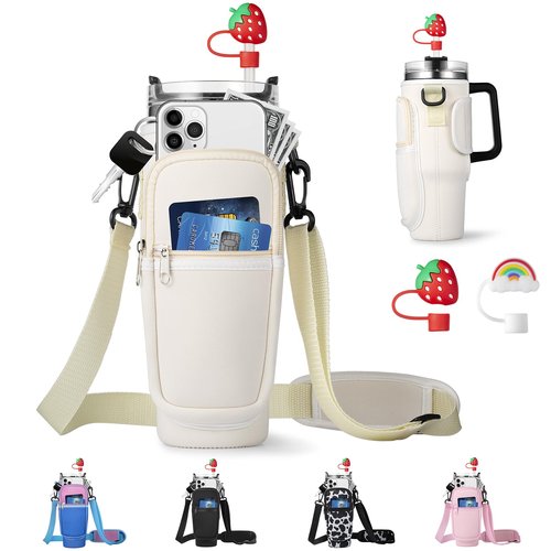 RRegeny Water Bottle Carrier Bag with Strap fits Stanley Cup 40oz, Neoprene Water Bottle Holder Cross-boday Bag with Adjustable Shoulder Strap & Handheld Strap for Stanley Cup Accessories