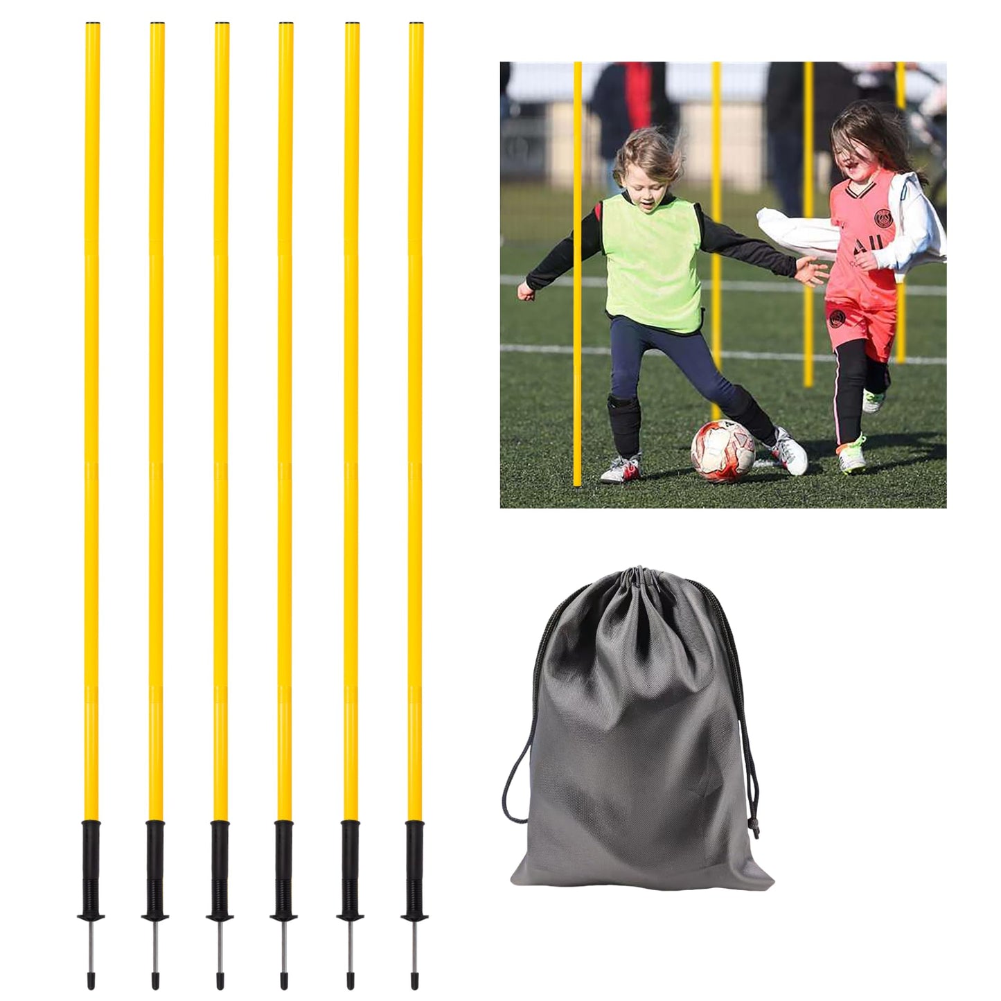 6 Pcs 5FT Agility Training Poles for Soccer,Basketball,Football,Dog,Horse Training-Adjustable Speed and Agility Training Equipment Sports Training Sticks with Ground Spring Nails and Storage Bag