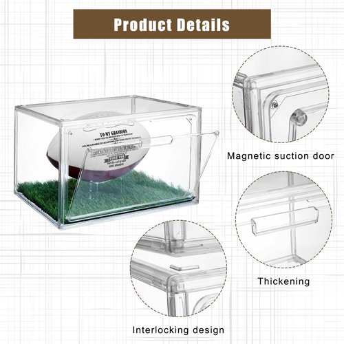 Suzile 2 Sets Acrylic Football Display Case Clear Football Storage Box with Magnetic Door Football Showcase with Artificial Grass Pad and Removable Display Stand Football Holder for Sport Lover
