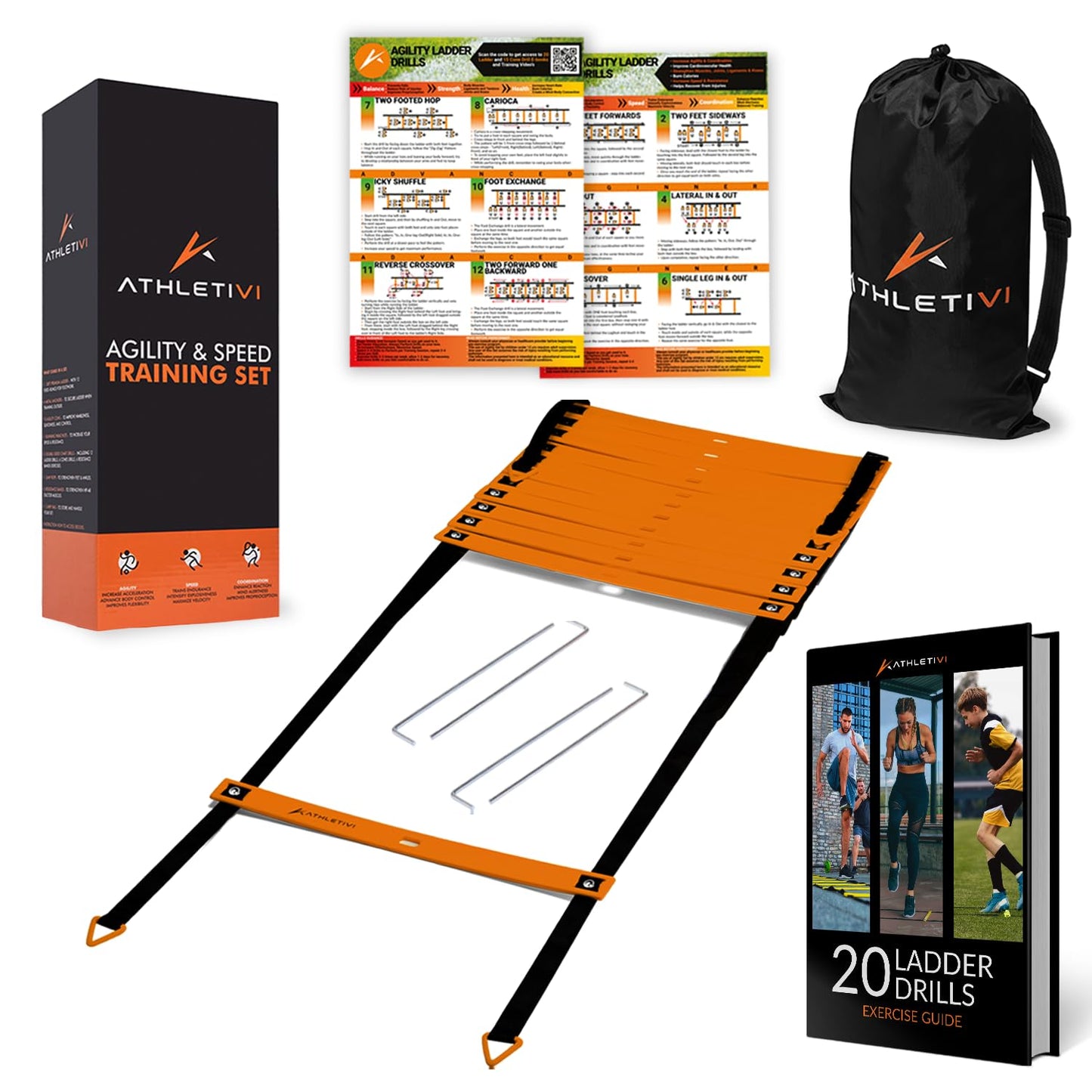 Athletivi Agility Training Equipment Set for Proffesional Training, Adults, Youth & Kids. Soccer & Footbal Training Set with Fixed-Rung Ladder - Enhance Speed, Power & Strength. (Orange Ladder)