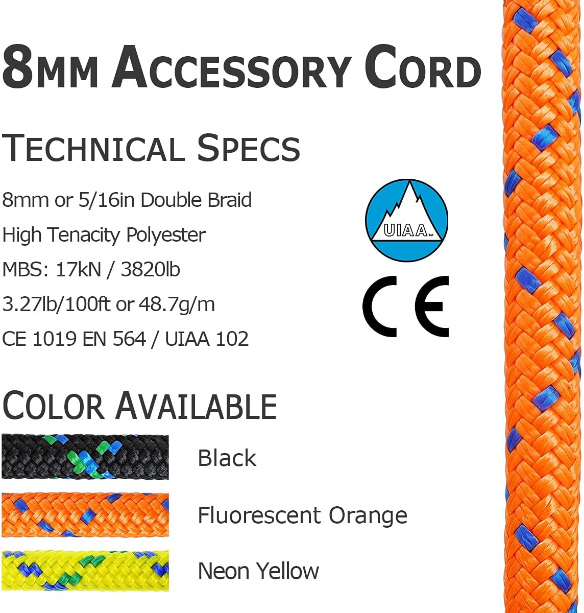 GM CLIMBING 8mm (5/16in) Accessory Cord Rope Double Braid Pre Cut CE/UIAA
