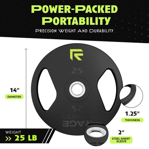 Rage Fitness Cast Iron Weight Plates, Rubber Coated, 2" Steel Insert (5lb, 10lb, 25lb, 45lb - SOLD INDIVIDUALLY), Rubber Weight Plates for Strength Training, Bench Press, Squats, Powerlifting