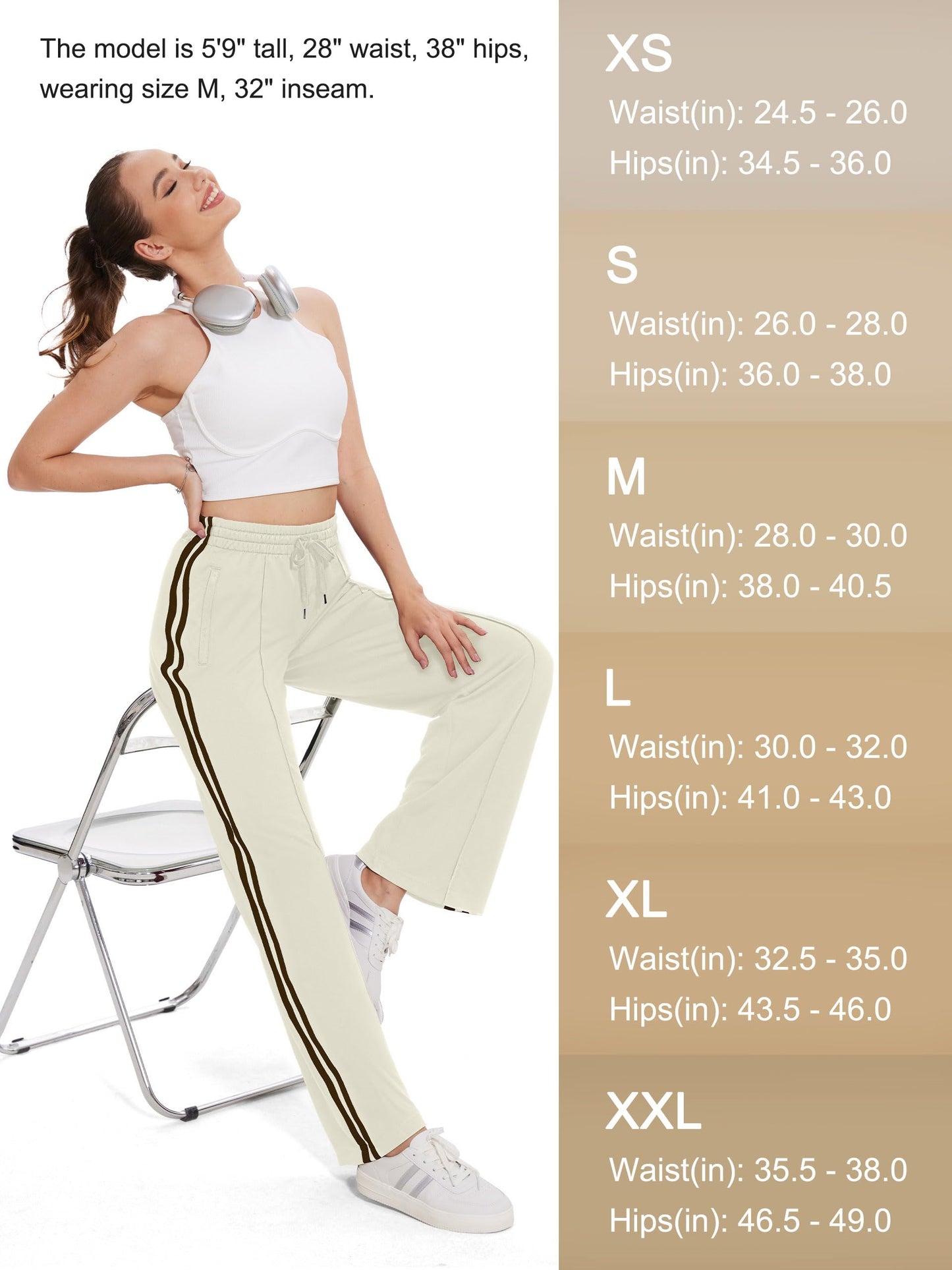 Tapata Regular Women's 30" Inseam Casual Pants Track Athletic Sweatpants Warm Up Loose Side Stripe Street Slacks, Beige, M