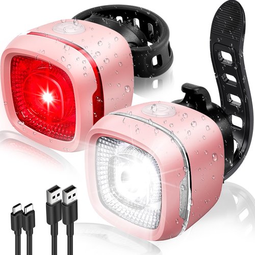 Bicycle Front and Rear Lights,IPX6 Waterproof Bike Light, Type-C Rechargeable, Flashing Light，Suitable for Night Riding, Cycling，Bike Headlight &Taillight for Men Women Kids Road Mountain(Pink)