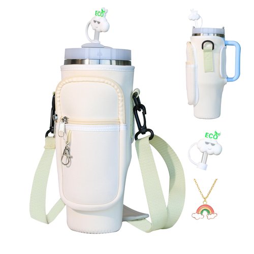 DOVO Water Bottle Carrier Bag with Pocket for Stanley 40 oz Tumbler Neoprene Water Bottle Holder Pouch with Adjustable Strap Bollus with Straw Cover & Letter Charm for Stanley Cup Accessories