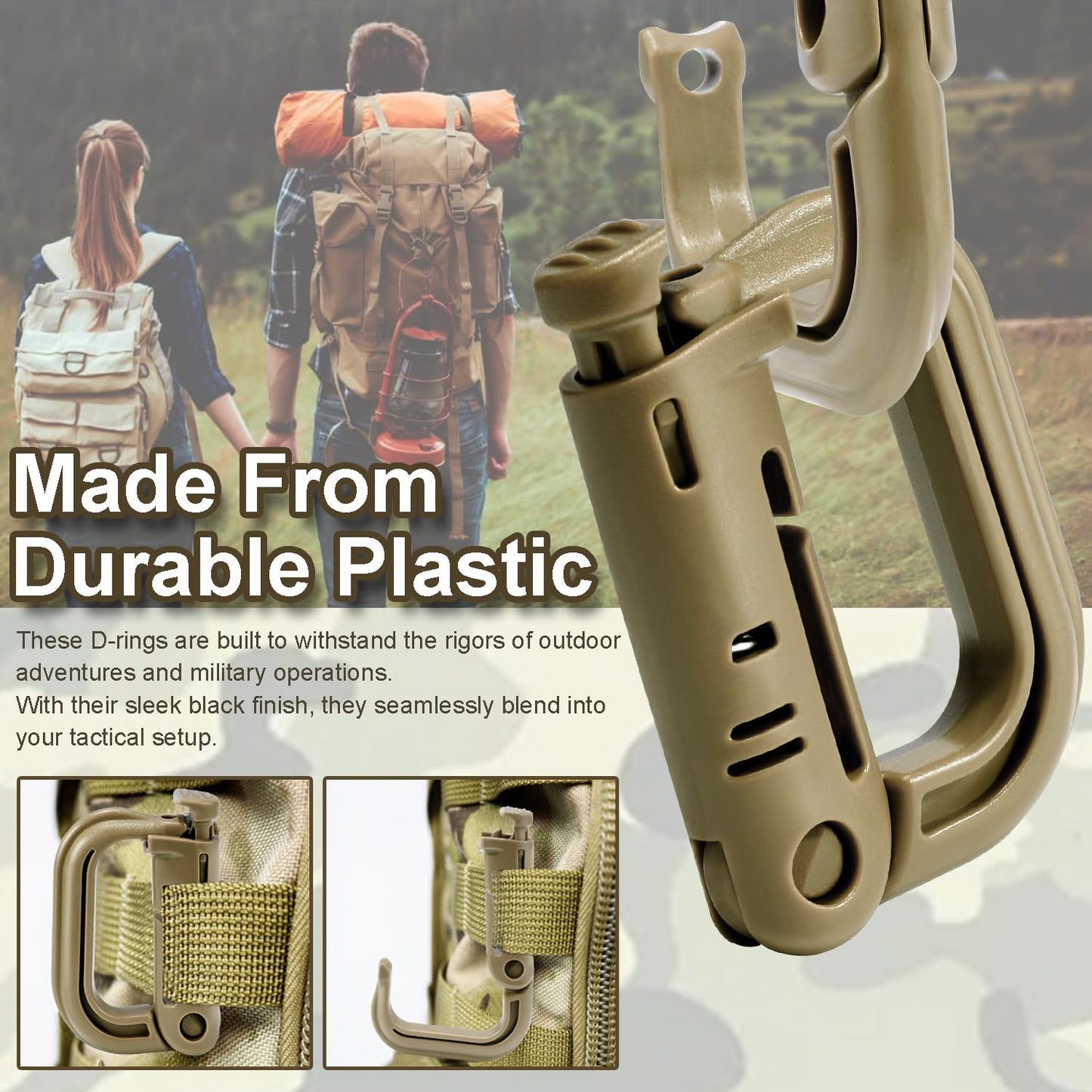 6 Pack 2.12“ Tactical Locking D Ring Plastic Carabiner Backapck Molle Hook Clip for Webbing Straps Bag (Khaki)