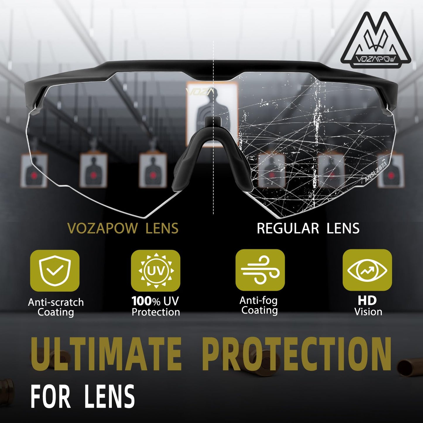 VOZAPOW Shooting Glasses Anti Fog with High Definition Lenses, ANSI Z87+ Certified Tactical Safety Glasses for Men Women